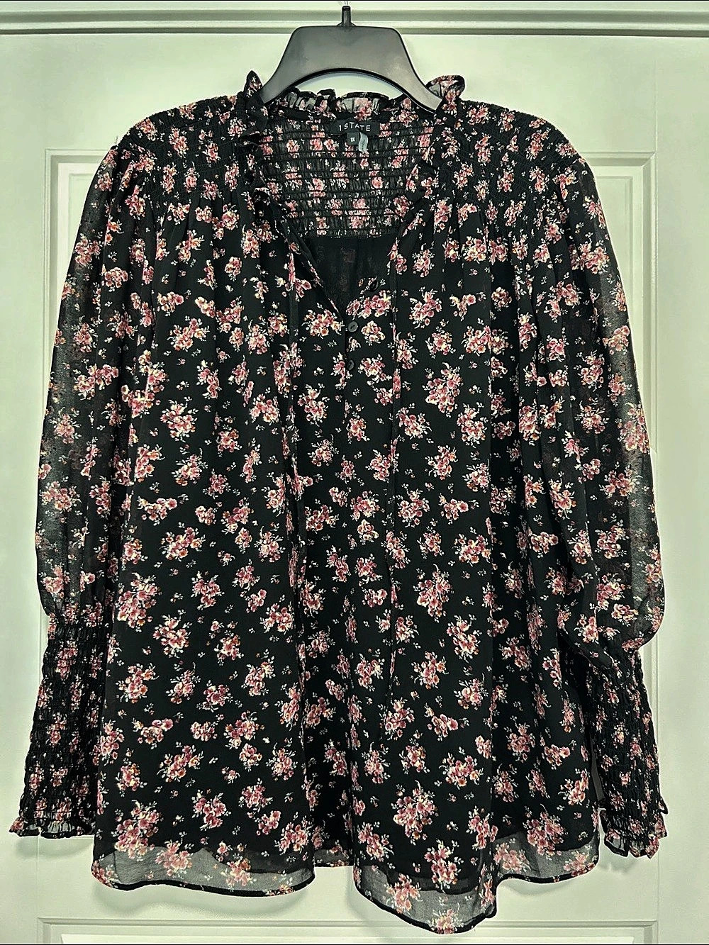 1.STATE Smock Sleeve Tie Neck Blouse in Black & Pink